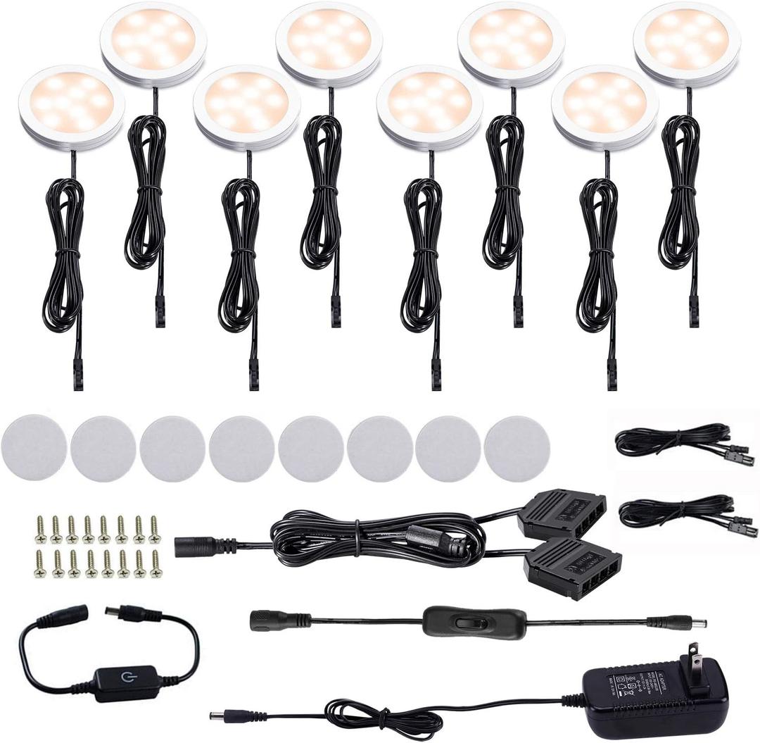 AIBOO LED Under Cabinet Puck Lights Kit with Touch Dimming Switch for Accent Display in Cabinet Lighting (8 Lights,Warm White)