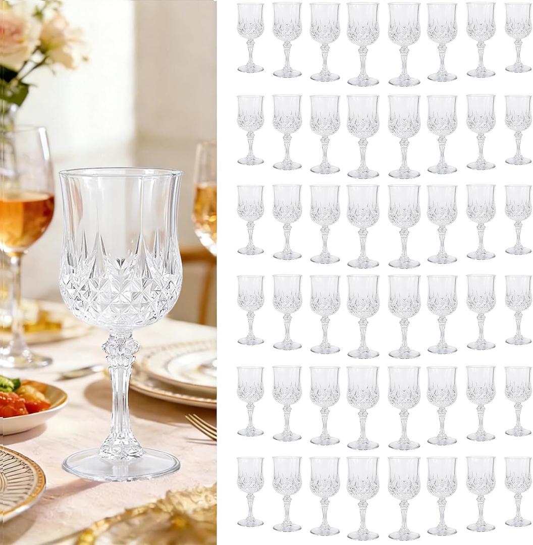 Teruntrue 48 Pcs Clear Plastic Wine Glasses Vintage Wine Glass for Parties Crystal Plastic Goblets Drinking Glasses Reusable Drinkware for Wedding, Valentines Day, Parties, Grand Event