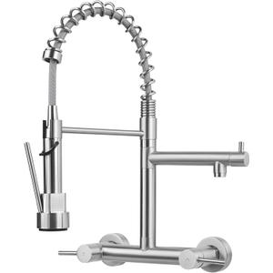 BZIMAK Wall Mount Kitchen Sink Faucet, 8 Inch Center Commercial Faucet with Sprayer & Swing Spout, Dual Handles for Kitchen Laundry Restaurant (Brushed Nickel with Swing Spout)