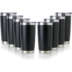 DOMICARE 20oz Stainless Steel Tumbler Bulk with Lid, Double Wall Vacuum Insulated Travel Mug, Powder Coated Coffee Cup, Powder Black, 8 Pack
