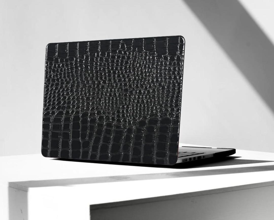 Compatible for MacBook Air 13 inch Case 2026 M5, 2022-2025 M4/M3/M2 A3449 A3240 A3113 A2681, Textured Luxury Crocodile Aligator Skin Snakeskin PU Leather Hardshell & Keyboard Cover, Shiny Black
