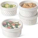LE TAUCI Ramekins Oven Safe with Lids, 12 oz Ramikin Set for Creme Brulee, Souffle, Dipping Sauce, Onion Soup, Ceramic Food Storage Container - 5 inch, Set of 4, Arctic White