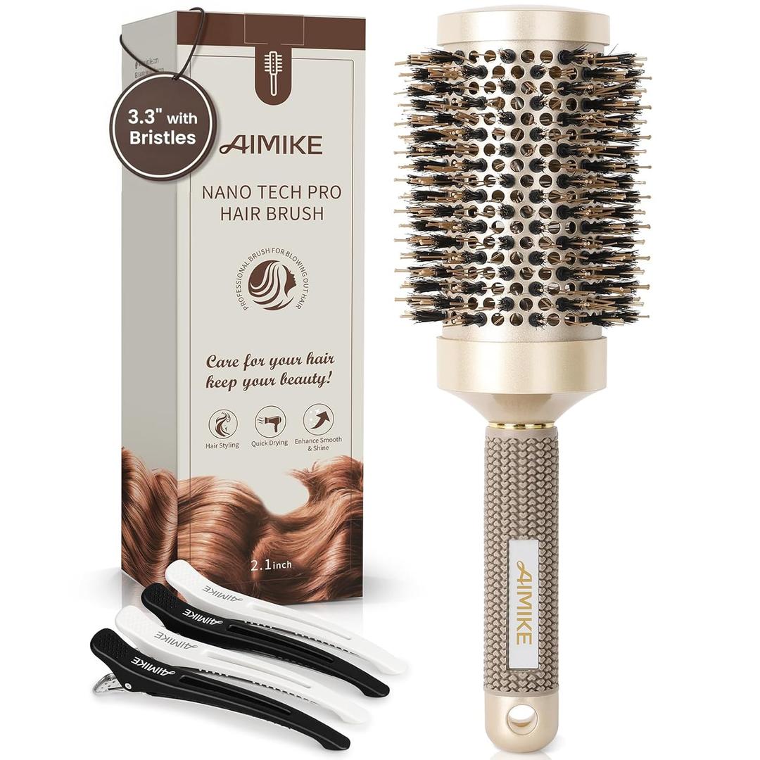 AIMIKE Round Hair Brush, Nano Thermal Ceramic & Ionic Tech, 2.1 Inch Barrel with Boar Bristles for Enhanced Texture, Golden, Hair Drying, Styling, Curling and Shine + 4 Free Clips