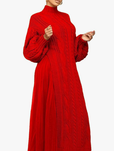 KANSOON Two Piece Fall Outfits for Women Long Lantern Sleeve Slit Sweater Dress and Maxi Tulle Skirt Set with Belt, Size XL