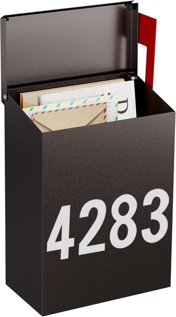 LANDVOI Wall-Mount Mailbox with One Flag Kit and Three Sets of 0-9 Mailbox Number Stickers, Mailboxes for Outside, Galvanized Steel Rust-Proof Metal Post Box, 7.1"x3.9"x10.24", Textured Bronze AMB05R