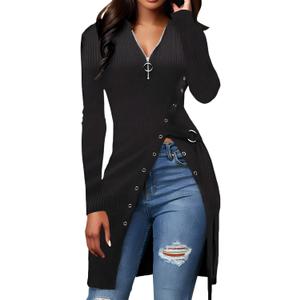 Women's Sexy Side Split Ribbed Long Sleeve Tops Zip Up V Neck Asymmetrical Hem Longline Tunic Blouses Tops (3X-Large, 11578black)