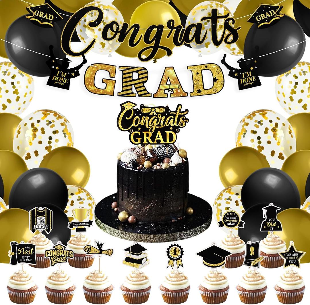 CIEHER Birthday Decorations Set - Birthday Banner, Plastic Tablecloth, Balloons, Cake Topper and Streamers (Gold Black Graduation)