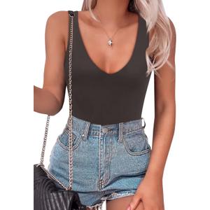 SAUNGKUAI Womens Bodysuit Sexy Plunge Deep V Neck Backless Sleeveless Tank Thong Body Suits Outfits for Going Out (Large, Coffee)