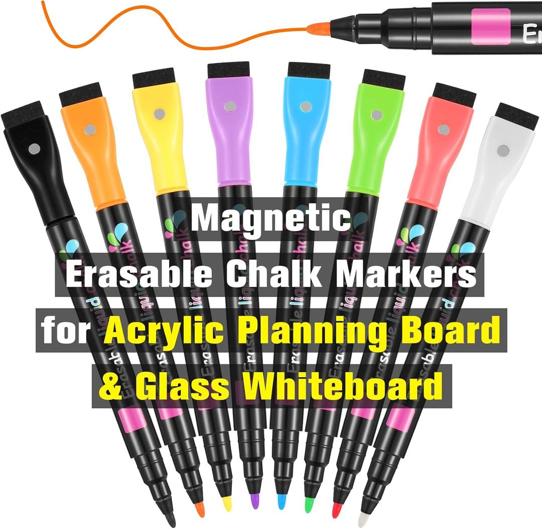 Magnetic Liquid Chalk Markers Wet Erase Markers for Acrylic Calendar Planning Board LED Note Board Clear Glass Whiteboard Window/Mirror Christmas Holidays Paintings, 8 Vibrant Colors, 1mm Fine Tip