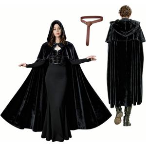 Niurui Renaissance Hooded Cape with Vintage Belt Medieval Cloak for Women and Men Hobbit Halloween Costume (Black, M)