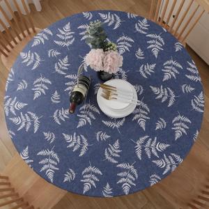 Round Vinyl Fitted Tablecloth, Waterproof Elastic Table Covers Wipeable Flannel Backed Tablecloths for Picnic Camping Indoor and Outdoor (Leaf,Prussian Blue, Fits 57" to 65" Diameter Tables)