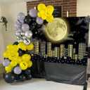 129Pcs Superhero Super City Backdrop 5x3FT Black Yellow and Silver Balloons Arch Kit Full Moon Bat Photo Background Baby Shower Bat Theme Birthday Party Decorations