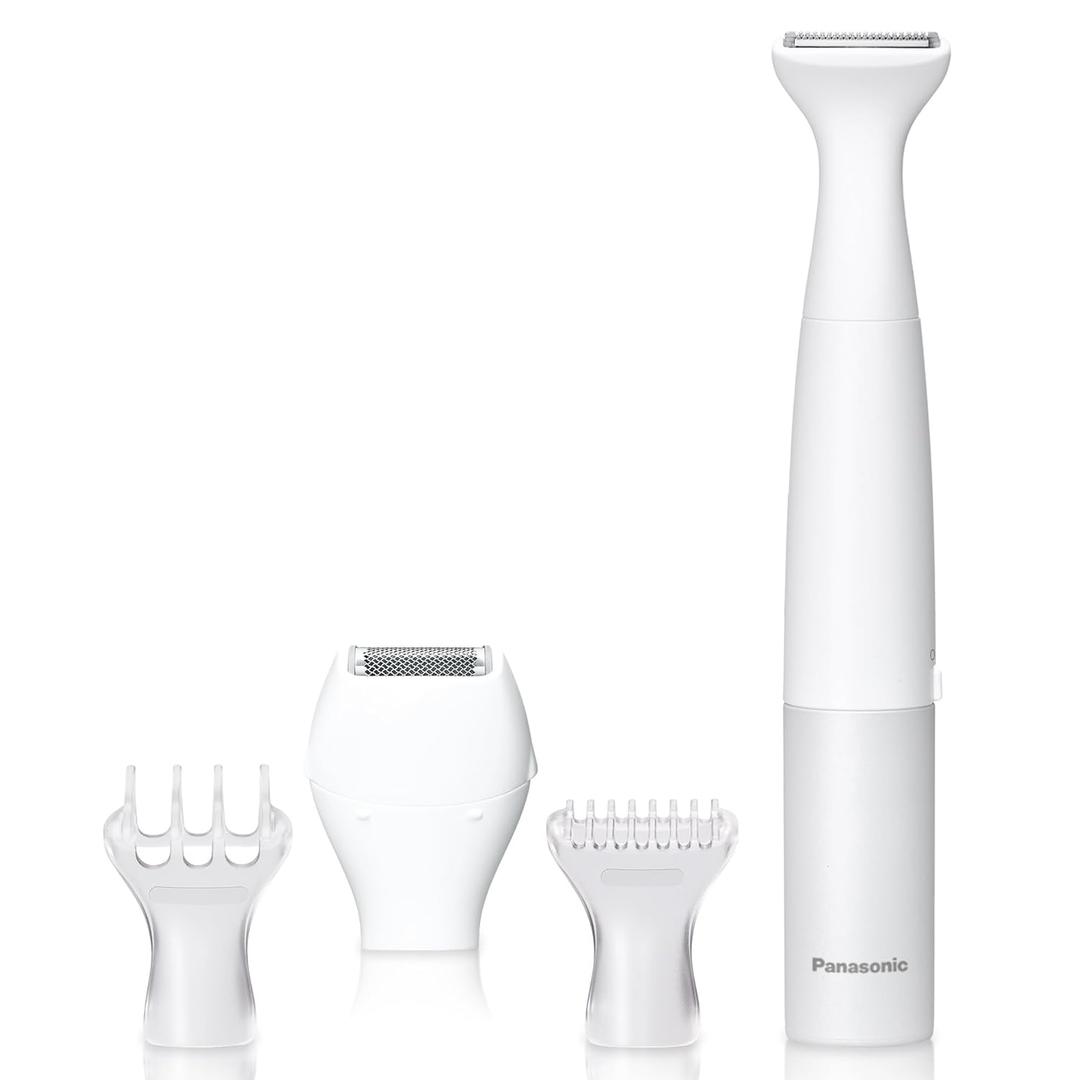 Panasonic Bikini Trimmer and Shaver for Women with 4 Attachments for Fast Easy Gentle Grooming in Intimate Areas, Use Wet/Dry, Electric Razor, Battery-Operated  ES-WV62-H (White/Silver)