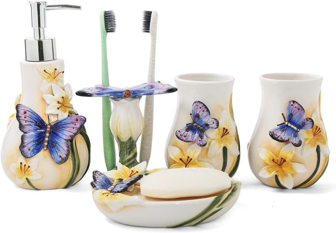 Ceramic Bathroom Accessory Set Dancing Butterfly Ceramic 5 Pieces Set,Including Toothbrush Holders,2 Gargle Tooth-Brushing Cups,Soap Dishes,Soap & Lotion Dispenser