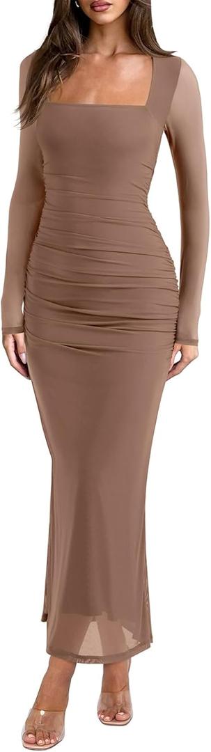 REORIA Long Sleeve Wedding Guest Maxi Dresses for Women Sheer Mesh Square Neck Ruched Bodycon Long Dress 2026 Spring Outfits (Chanterelle)