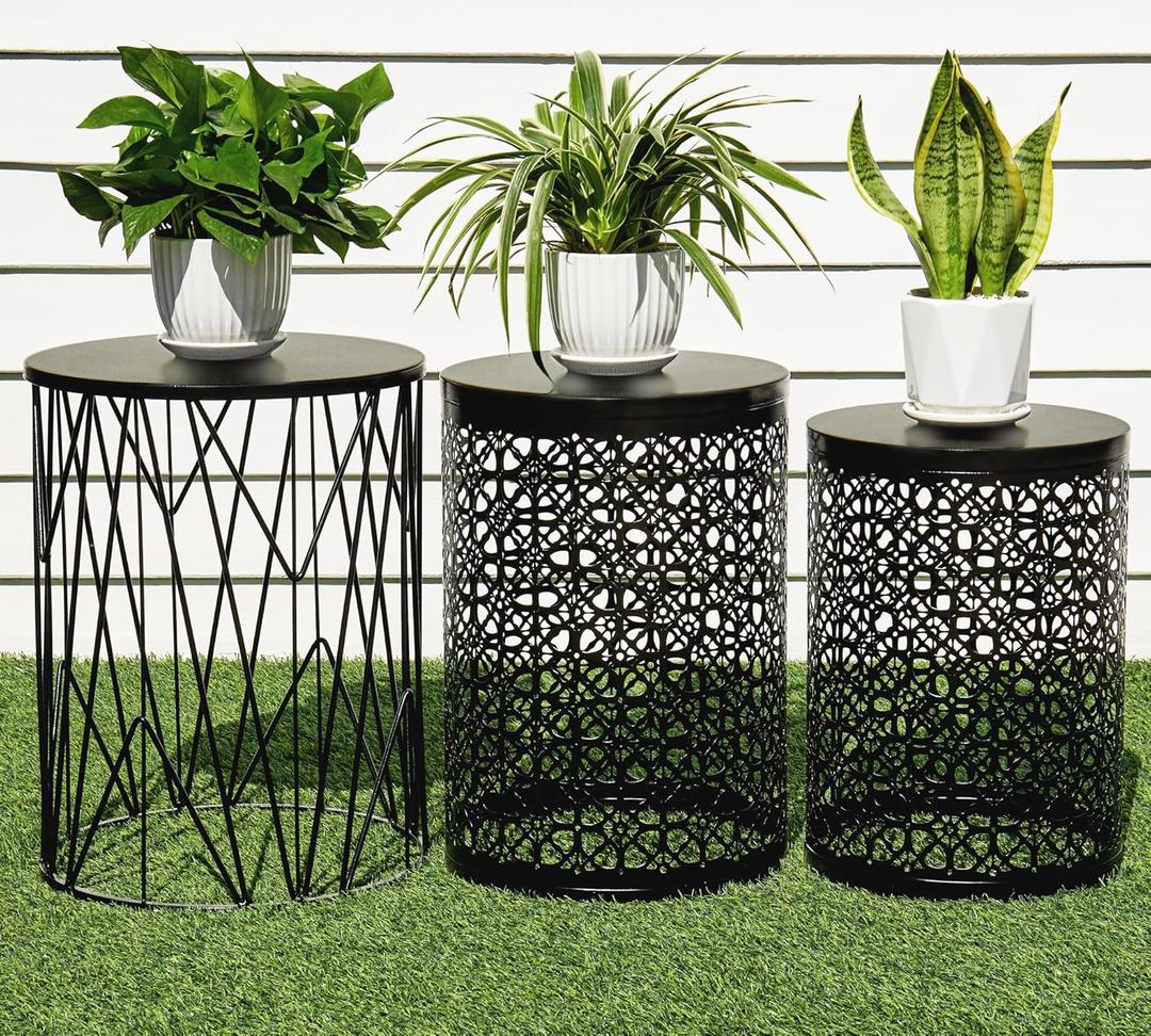 HFHOME Set of 3 Heavy-Duty Round End Table, Side Table, Coffee Table for Indoor Multifunctional Use, Outdoor Decorative Garden Stool Plant Stand-Black