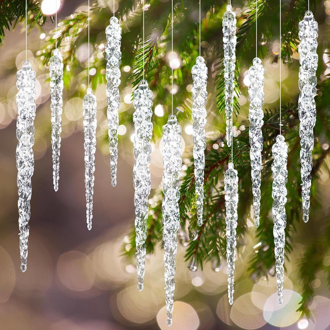 Patelai 12 Pcs Acrylic Icicles Hanging Ornaments Clear Christmas Tree Icicles Pendant Decorative for Christmas Xmas Holiday Wedding Party Decorations