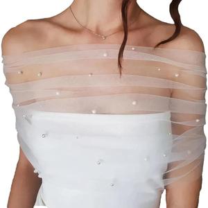 MAYJOYDIY White Tulle Shawls One-Shoulder Tulle Shawl Detachable Bridal Capelets, L-45inch White