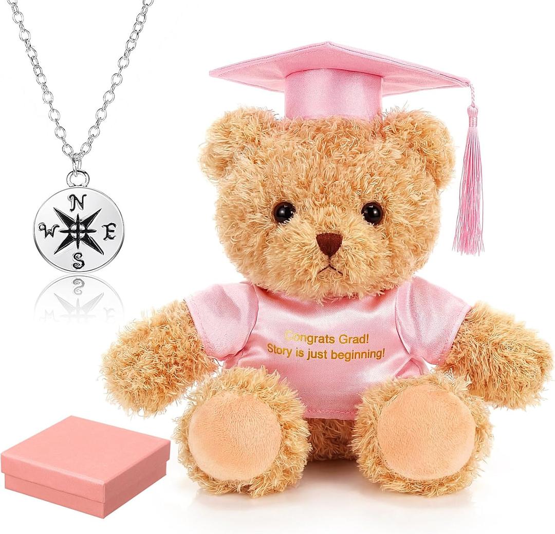 Zhanmai 3 Pcs 2026 Graduation Gift Set Include Graduation Plush Bears Encouragement Inspirational and Compass Necklace for Preschool Kindergarten Primary College High School Party Favors (Pink)