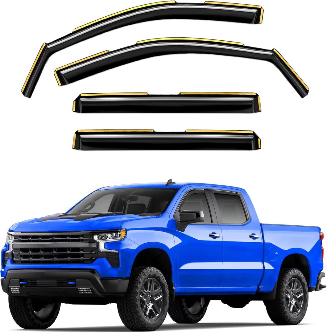 In-Channel Window Rain Guards Fit For Chevy Silverado/GMC Sierra 1500 2019-2025 Crew Cab Extra Durable Window Deflectors Vent Shades Visors Exterior Car Accessories Visors Rain Guards -4 pcs (2019-2025 Chevy Silverado/GMC Sierra 1500 Crew Cab)