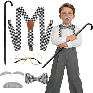 Old Lady Costume for Women, 100 Days of School Old Lady Costume for Girls Granny Costume Accessories with Gray Wig Wig Cap Glasses with Chains Necklace Handbag and Grandma Dress for Cosplay Outfits