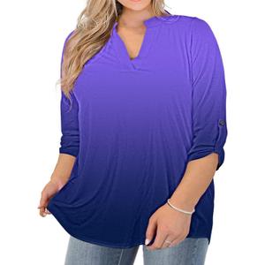 AMCLOS Womens Plus Size Tops V Neck T-Shirts Blouses Casual Soft Flowy Tunic Long Roll Tab Sleeves with Buttons (Purple, XL)