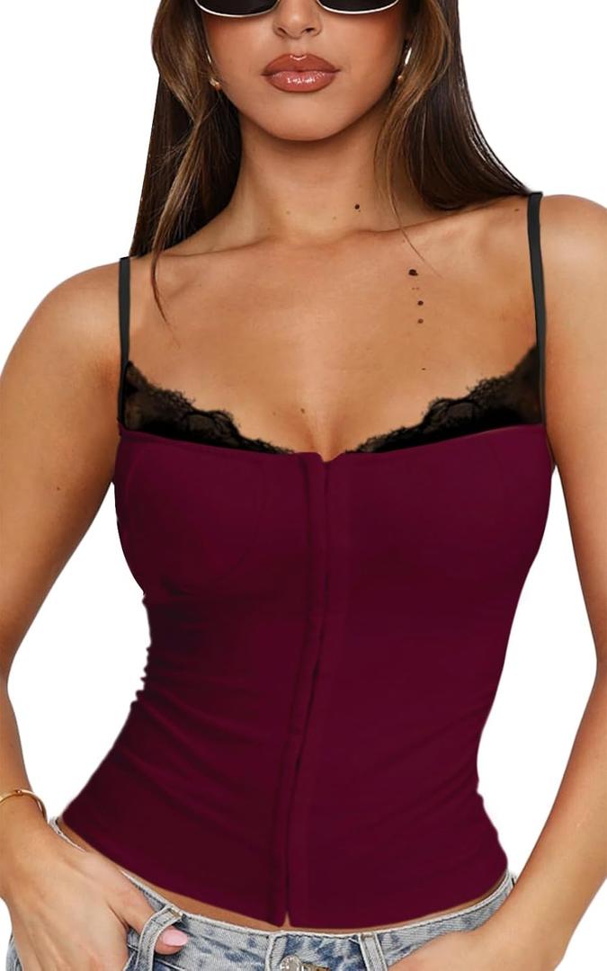 Women Lace Trim Tank Cami Top with Built in Bra Cute Padded Lingerie for Summer Date Night Going Out (X-Small, Burgundy)