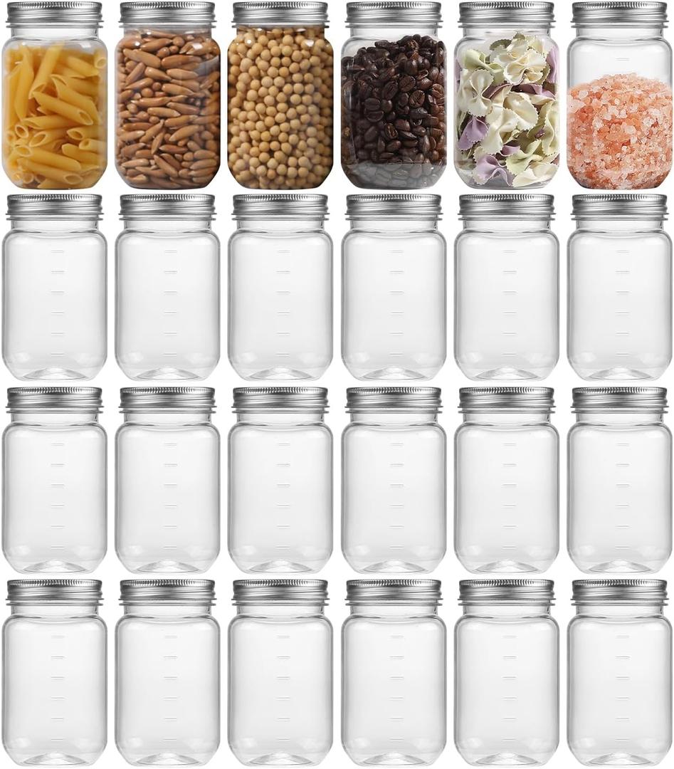 novelinks Plastic Jars With Lids 24Pcs 16 oz Plastic Mason Jars Silver Jar Food Storage Reusable Empty Storage Containers (Sliver, 24 Pack 16 Ounce)