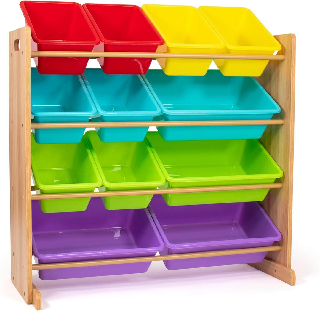 Humble Crew Kids Toy Storage Organizer with 12 Plastic Bins, Natural Wood/Rainbow  Removable Bins for Playroom, Bedroom, Toddler Furniture for Boys and Girls Ages
