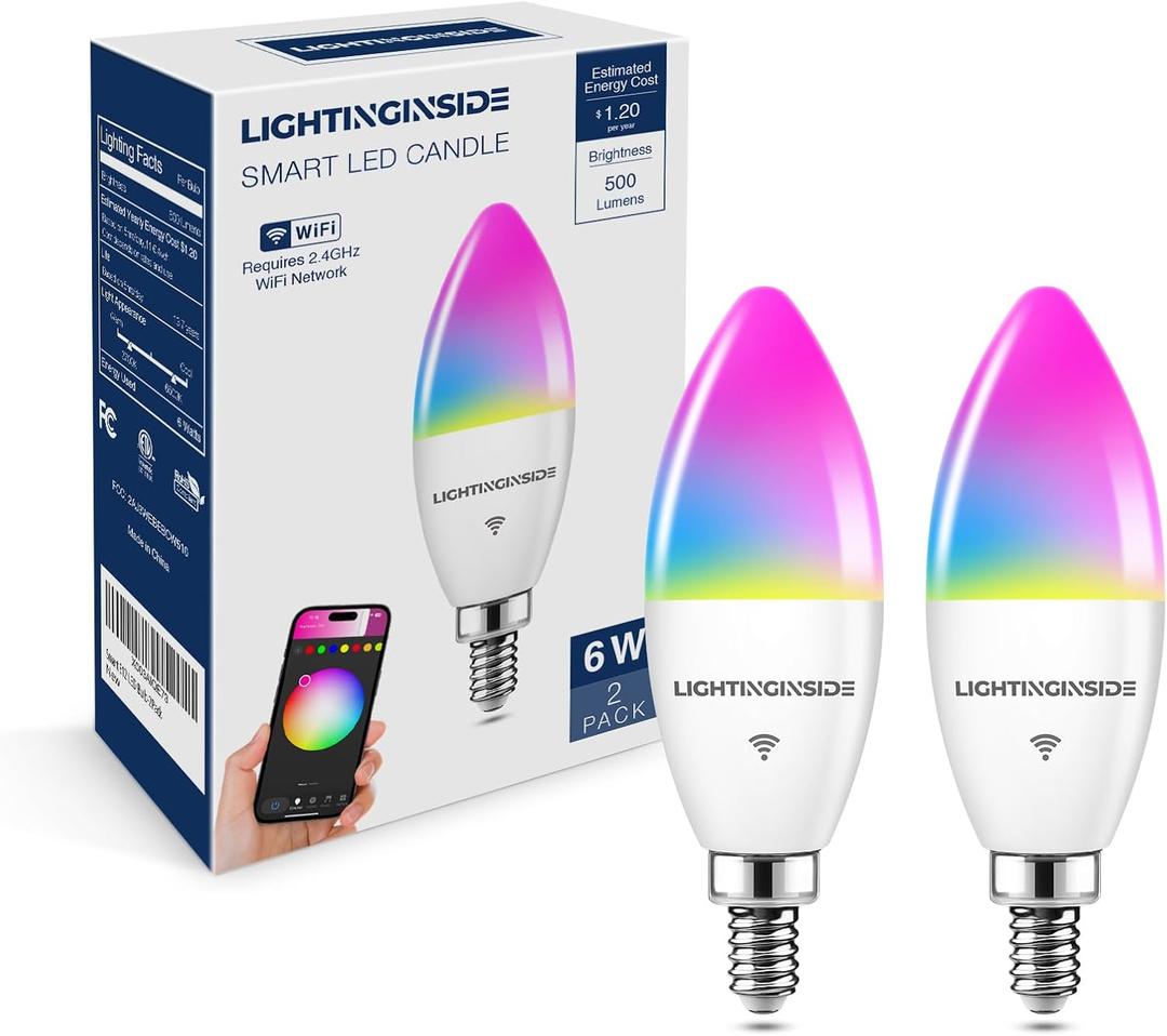 Candelabra Smart Light Bulbs 60W Equivalent, 500LM 6W E12 LED Bulb Compatible with Alexa/Google Home, RGBCW Candle Bulb for Chandelier, No Hub Required, 2.4G WiFi Only, ETL Listed, 2PCS (2 Count (Pack of 1))