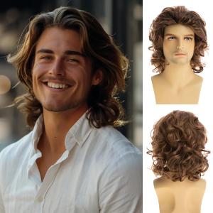 Baruisi Mens Short Curly Wig Light Brown Fluffy Cosplay Costume Hair Wig