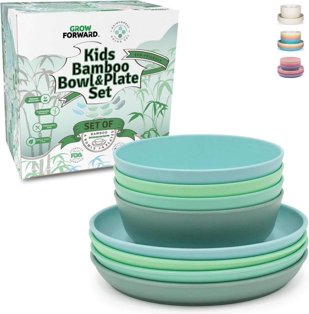 Grow Forward Bamboo Kids Plates and Bowls Sets - 8-Piece Dishwasher Safe Non Toxic Plates for Kids - Reusable Eco Friendly BPA Free Dishes Dinnerware Sets for Children - Rainforest