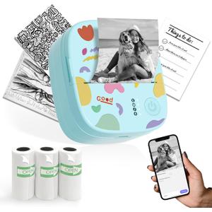 Mini Sticker Printer AHM2, Mini Thermal Printer with 3 Rolls Paper, Portable Bluetooth Inkless Printpods, Pocket Label Maker Suitable for Creative Kids DIY, Diaries, Photos, Study Notes - Blue