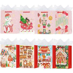 OFIHANLY 8 Pack 9" Small Size Christmas Gift Bags with Handles for Xmas Holiday Presents Cute Pink&Red Paper Wrapping Bag with Tissue Paper for Kids