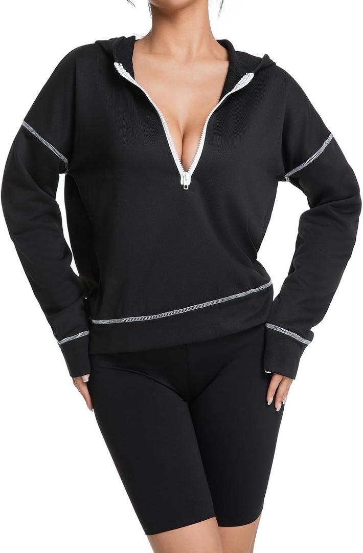 2026 Spring Hoodies Sweatshirts for Women, Long Sleeve Half Zip Pullover Comfrt Hoodie (Black, M)