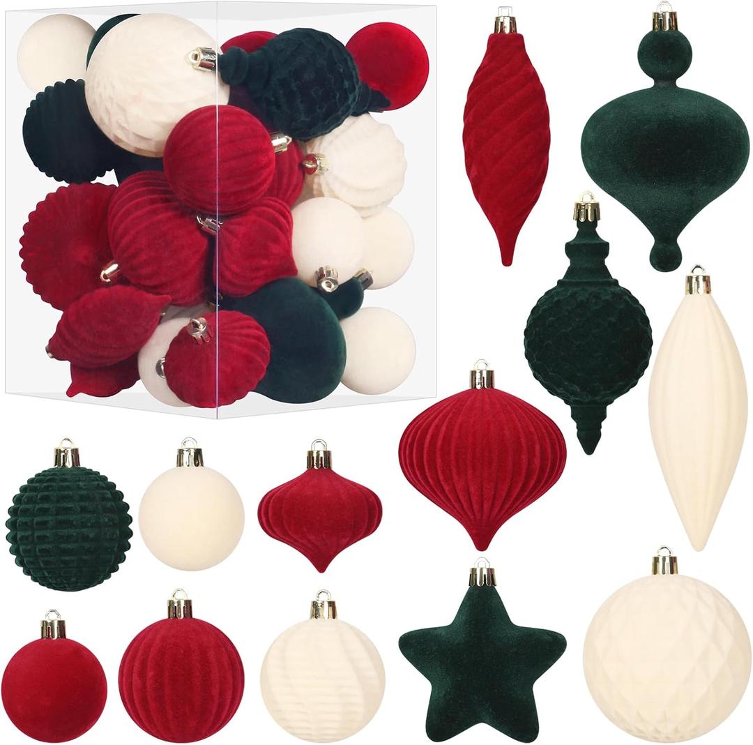 SY Super Bang 30PCS Velvet Christmas Ornaments Set, Flocked Shatterproof Assorted Hanging Xmas Tree Ball Decorations, for Home Party Holiday Decor, Coffee, Beige, Deep Green