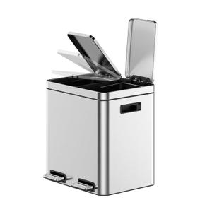 30L/8 Gallon Dual Compartment Trash Can, Stainless Steel Kitchen Recycling Trash Can, Soft-Close Lid, Removable Inner Bucket, Hands-Free Foot Operated Waste Bin, Home Office Double Bin (2 x 4 Gal (2 x 15L))