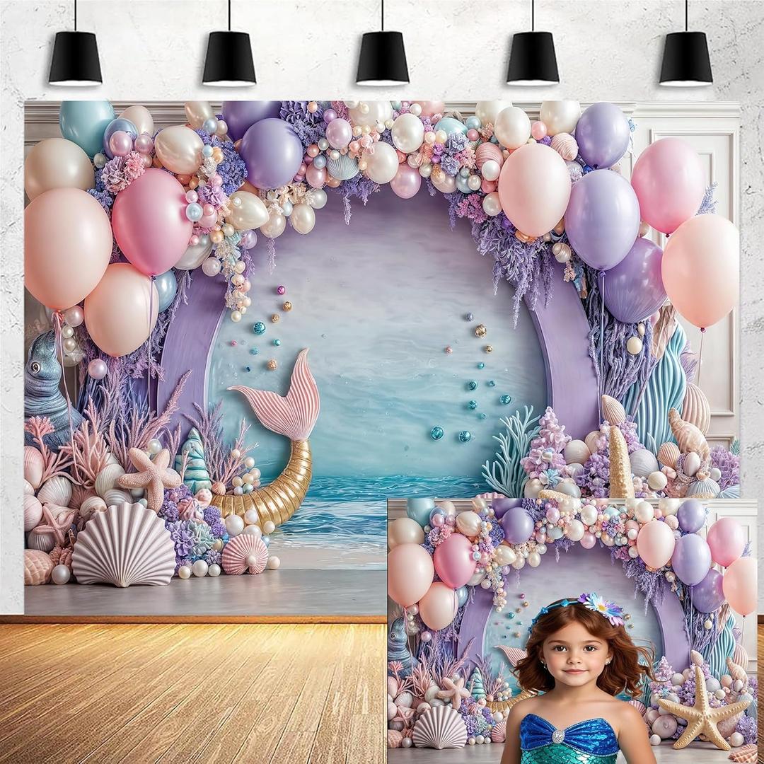 10x8ft Mermaid Backdrop for Girls Birthday Under The Sea Photography Background Purple Pink Balloon Princess Party Decorations Starfish Shells Ocean Baby Shower Banner Cake Decor Photo Booth Props