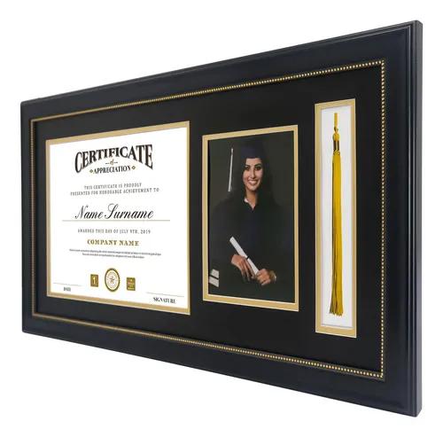 GraduationMall 11x22 Mahogany Diploma Frame with Tassel Holder and Picture for 8.5x11 Certificate 5x7 Photo,Real Glass,Black over Gold Mat