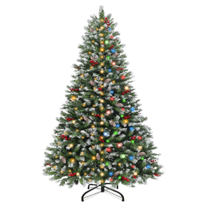 Prelit & Snowy 6 Ft Full Christmas Tree with Lights 250 LED 2-In-1 White & Multicolor 800 Frosted Tips 8 Modes Timer Pre-Decorated Pinecones Berry Metal Stand Hinged Artificial Xmas Tree Holiday Decor