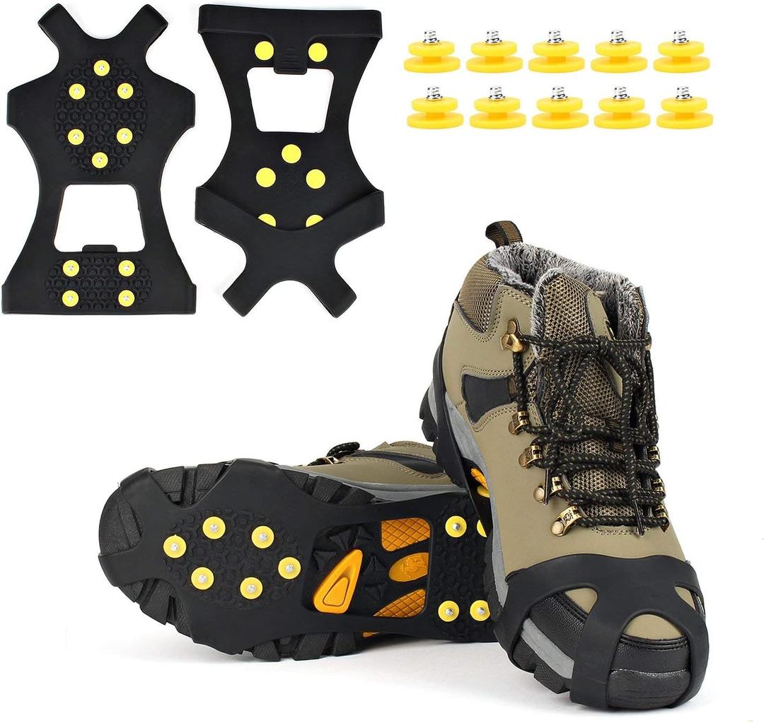 EONPOW Ice Grips, Ice & Snow Grips Cleat Over Shoe/Boot Traction Cleat Rubber Spikes Anti Slip 10 Steel Studs Crampons Slip-on Stretch Footwear L(WOMEN:10-13/MEN:8-11)