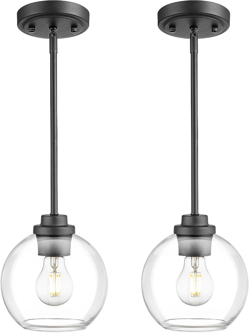 JAZAVA Matte Black Pendant Light, Mid Century Globe Haning Light Fixture Ceiling with Clear Glass for Kitchen Island Dining Room Bedroom Hallway Foyer (2 Pack), PL101BK-2PK