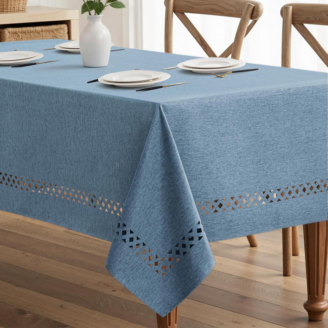 MIULEE Dusty Blue Rectangle Linen Polyester Tablecloth with Decorative Cutouts Waterproof Stain Resistant & Shrink-Proof Table Cloth 60x104 inch Farmhouse Style for Dining Wedding Party