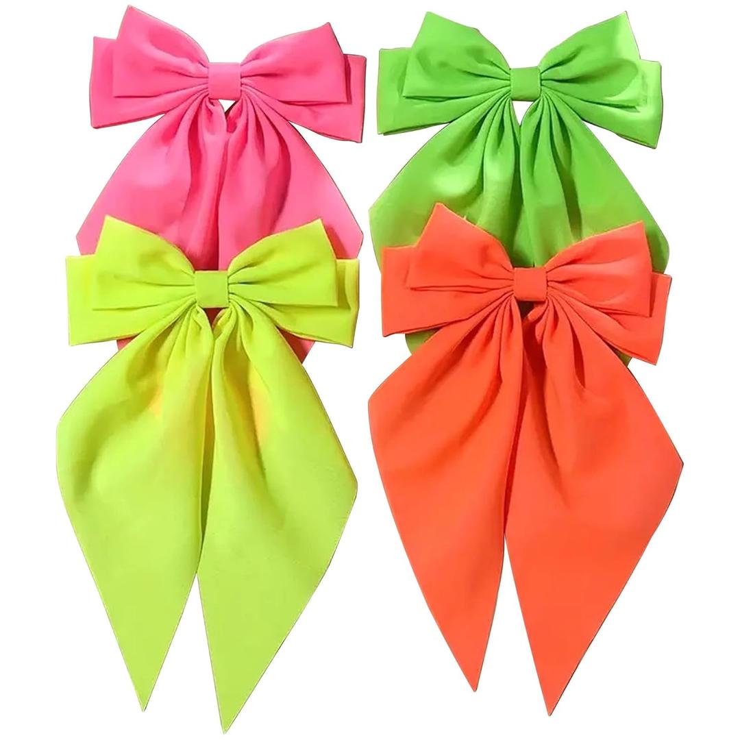 Neon Bows, 4 Pcs Large Neon Hair Bow with Long Tails, Fluorescent Lime Yellow Green Pink Hair Bow for Girls, 80s Neon Hair Accessories for Girls Women