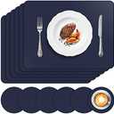 APLKER Vinyl Placemats Set of 6, Waterproof Faux Leather Heat Resistant Kitchen Place Mats, Wipeable Dining Table Place Mats and Coasters for Kitchen, Dining, Decor, Outdoor (Navy Blue)