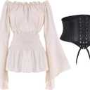 Women Renaissance Blouse Top Corset Waist Belt, Pirate Corset Shirt, Medieval Costume Off Shoulder Peasant Shirt (Large, Beige)