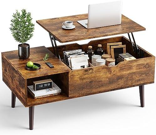 OLIXIS Wooden Lift Top Coffee Table with Large Hidden Compartment and Storage Shelf, Rustic Brown
