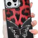 LSL Case for iPhone 15 Pro Sparkly Cute 3D Butterfly Leopard Pattern Design Glitter Diamond Camera Protection Soft Slim Cover for Women Girls Black