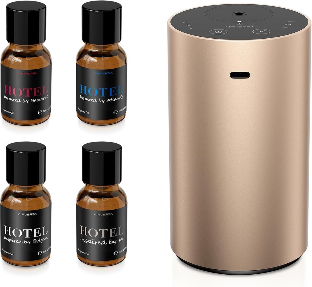 Airversa ADX Waterless Essential Oil Diffuser Starter Kit, Titanium | 4 x 10mL Fragrance Oi, Up to 600 sq ft, Battery Operated, Portable for Home Car Office, ADXKit-4x10-02
