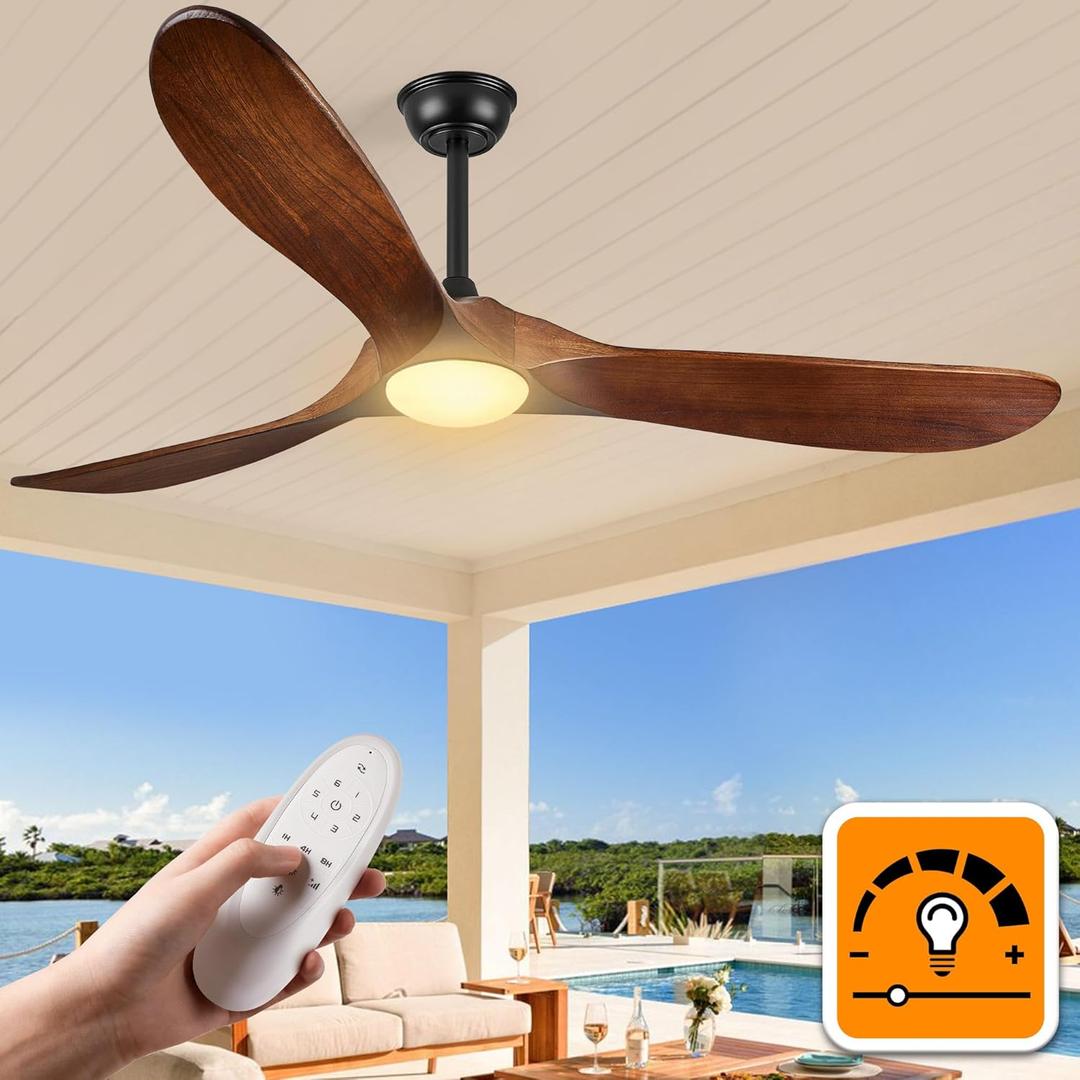 Haipeel Ceiling Fans with Lights, 60 Inch Solid Wood Propeller Ceiling Fans with Lights and Remote Control Outdoor Ceiling Fan for Patios Indoor Living Room 3 Blades, DC Motor ETL Listed, Dark Walnut